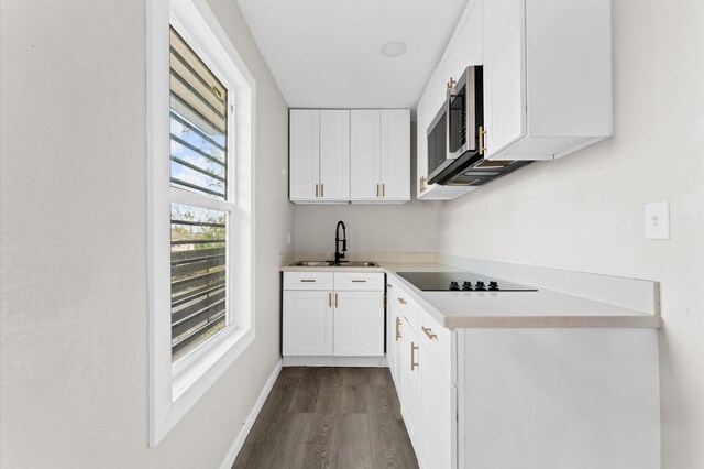 213 Super St, Houston, TX 77011 - kitchen with black electric stovetop, a sink, dark wood-type flooring, light countertops, and white cabinets