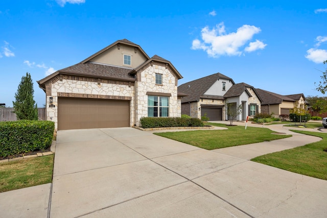 2215 Rose Manor Ct, Richmond, TX 77469 - french country inspired facade featuring stone siding, a garage, a front yard, driveway, and roof with shingles