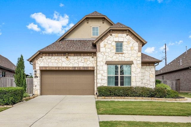 french country home with fence, driveway, roof with shingles, and stucco siding