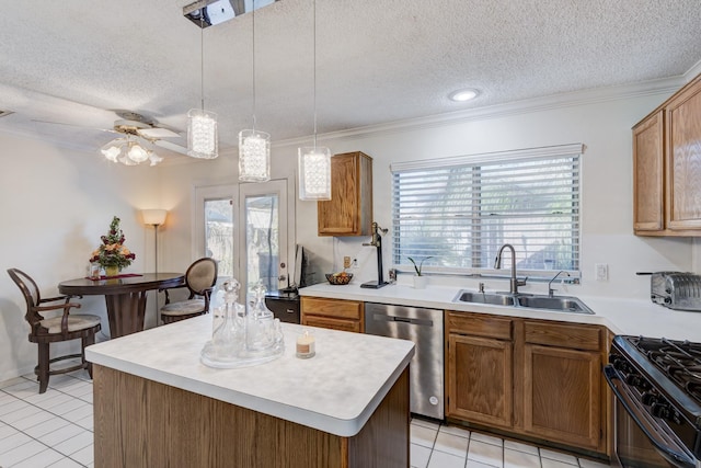 kitchen featuring stainless steel dishwasher, hanging light fixtures, sink, light tile patterned flooring, and a center island