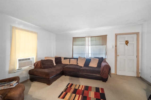 carpeted living room featuring a wall mounted AC