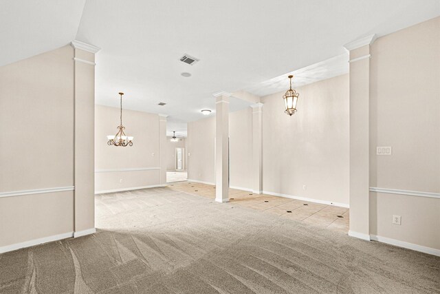 interior space with carpet flooring, vaulted ceiling, and a chandelier