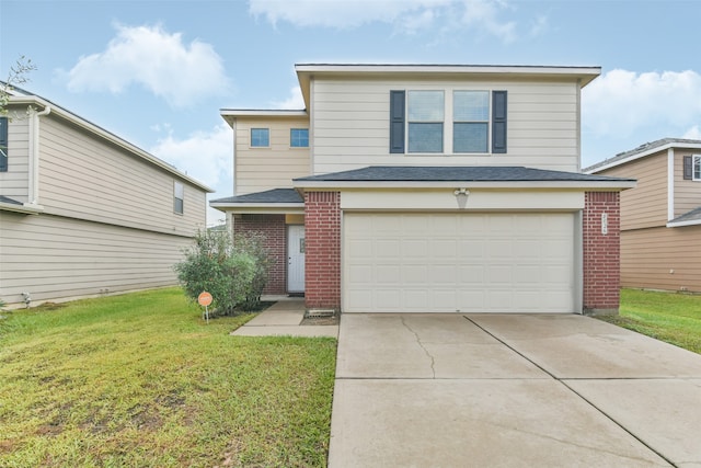 front facade with a garage and a front lawn