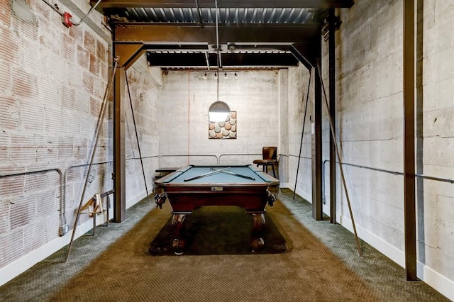 playroom with carpet floors and billiards