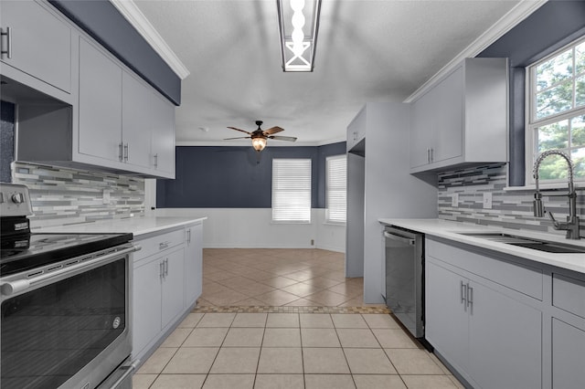 kitchen featuring stainless steel appliances, sink, decorative backsplash, and ornamental molding