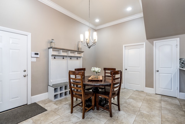 dining room with light tile patterned flooring, crown molding, a high ceiling, and a chandelier