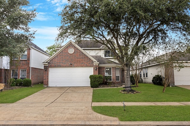 front facade featuring a garage and a front lawn