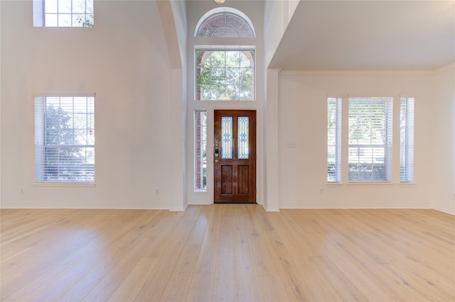 entrance foyer featuring a towering ceiling, light wood-type flooring, and crown molding