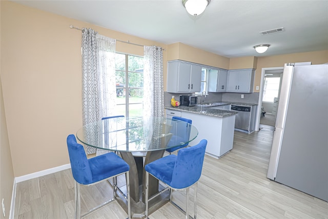 kitchen with a wealth of natural light, appliances with stainless steel finishes, and light hardwood / wood-style floors