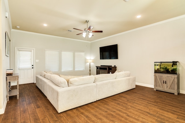 living room featuring ceiling fan, crown molding, and dark hardwood / wood-style flooring