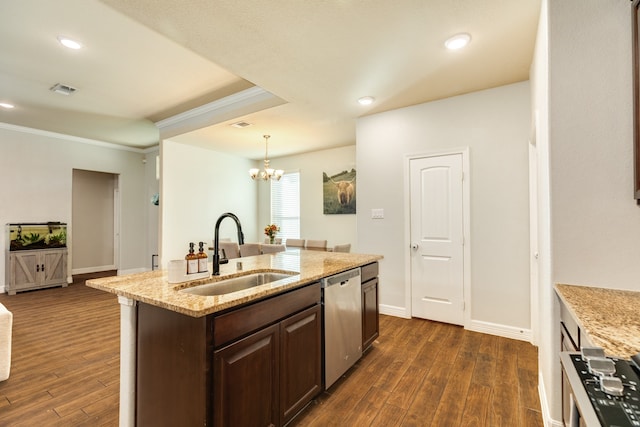 kitchen with dishwasher, hanging light fixtures, sink, ornamental molding, and dark hardwood / wood-style floors