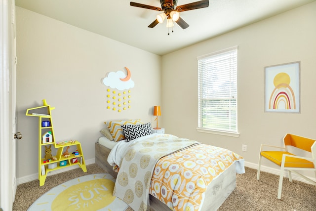 carpeted bedroom with ceiling fan