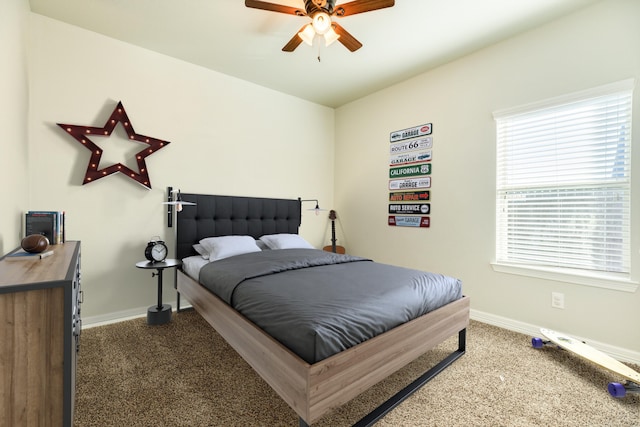 bedroom featuring ceiling fan and carpet floors