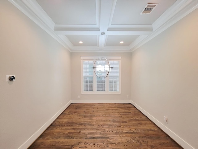 unfurnished dining area featuring beamed ceiling, coffered ceiling, dark hardwood / wood-style flooring, and crown molding