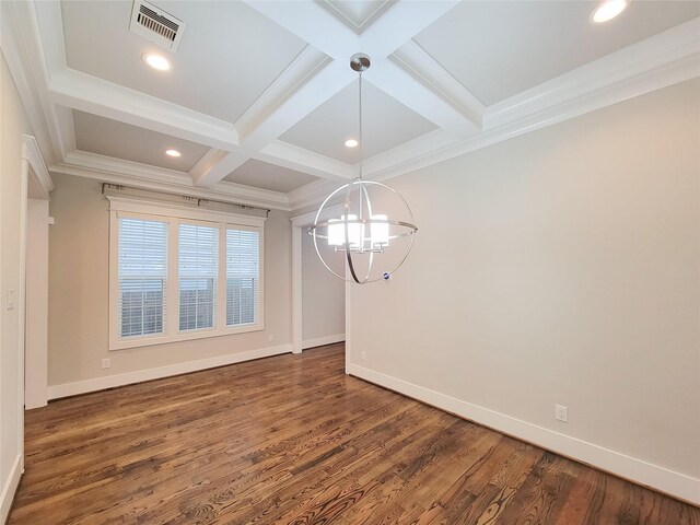 unfurnished dining area with dark hardwood / wood-style floors, coffered ceiling, beamed ceiling, ornamental molding, and a chandelier