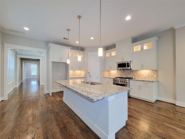 kitchen with sink, white cabinetry, stainless steel appliances, light stone countertops, and a center island with sink