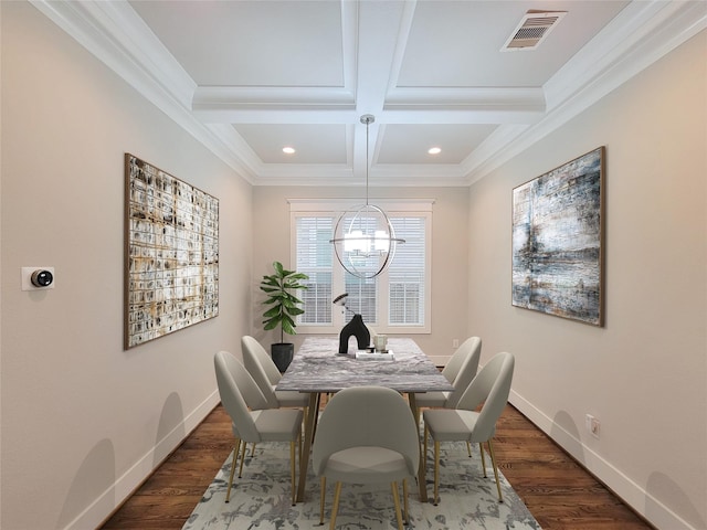 dining room with coffered ceiling, dark hardwood / wood-style floors, crown molding, and beam ceiling