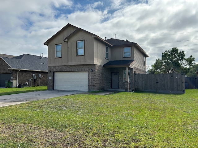 view of front of property with a front lawn and a garage