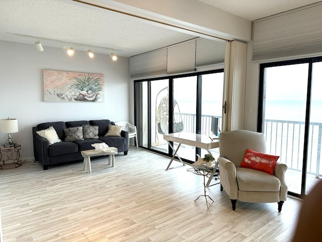 living room with light hardwood / wood-style floors, a textured ceiling, and track lighting