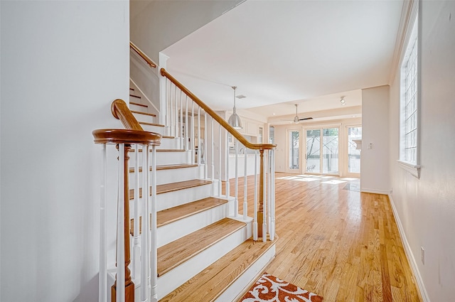 stairway featuring ceiling fan and wood-type flooring