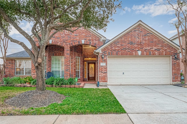 view of front property featuring a front lawn and a garage