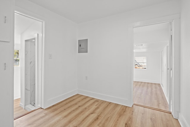 empty room featuring light wood-type flooring, electric panel, and plenty of natural light