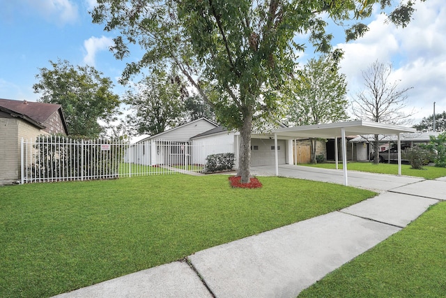 view of front of home featuring a front lawn, a garage, and a carport