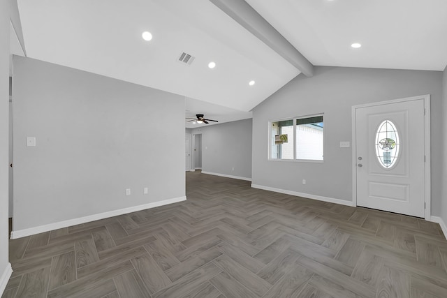 foyer with lofted ceiling with beams, ceiling fan, and parquet floors