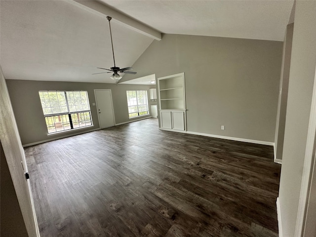 unfurnished living room featuring ceiling fan, vaulted ceiling with beams, and dark hardwood / wood-style floors