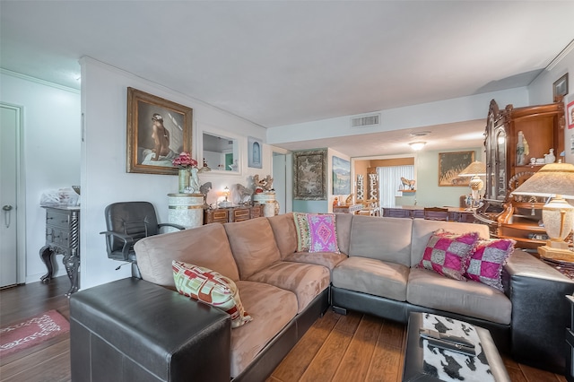 living room with dark hardwood / wood-style floors