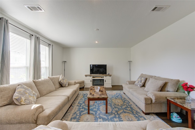 living room featuring dark hardwood / wood-style flooring