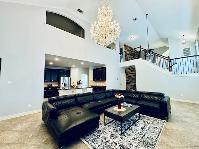 living room with high vaulted ceiling