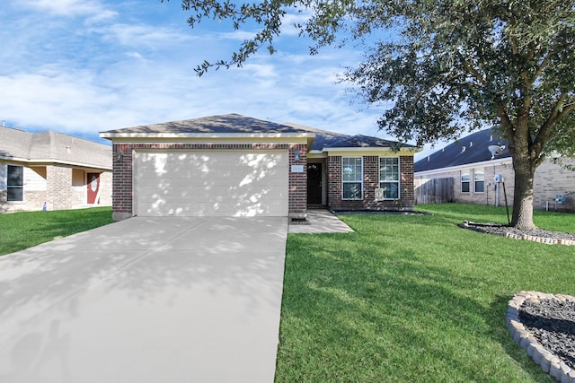 single story home with a garage and a front yard