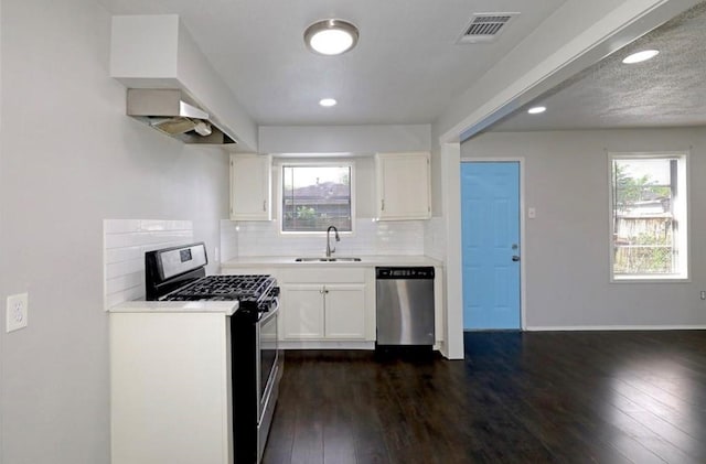 kitchen with stainless steel appliances, dark hardwood / wood-style floors, white cabinetry, and plenty of natural light