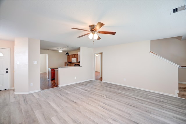 unfurnished living room with light wood-type flooring and ceiling fan