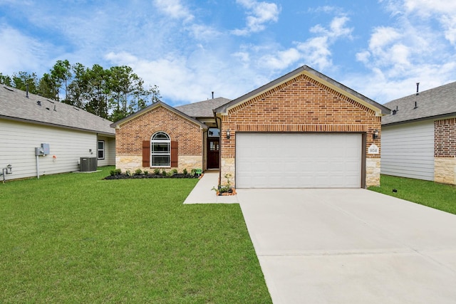 ranch-style home with a garage, central AC unit, and a front lawn