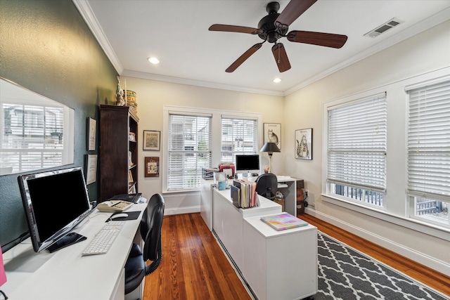 office area featuring ceiling fan, dark hardwood / wood-style floors, and crown molding