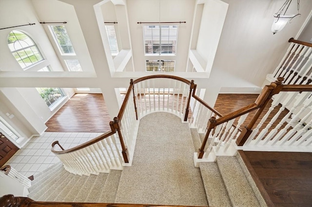 staircase with hardwood / wood-style floors, a healthy amount of sunlight, and a high ceiling