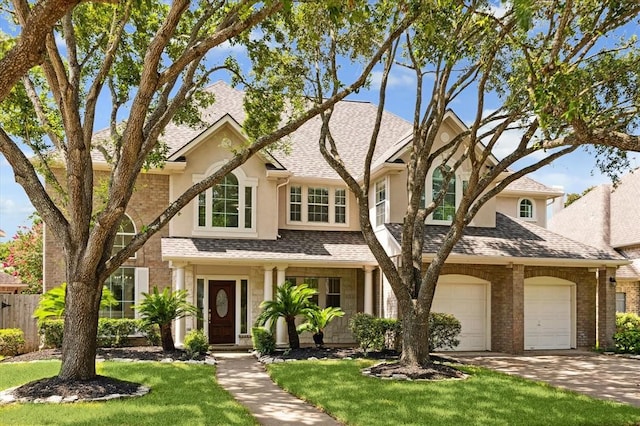 view of front of home with a front yard and a garage