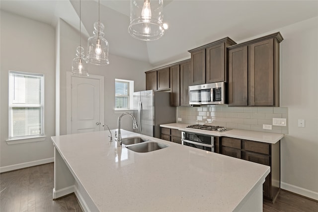 kitchen featuring sink, appliances with stainless steel finishes, hanging light fixtures, an island with sink, and dark wood-type flooring