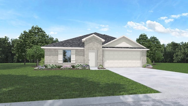 ranch-style house featuring a garage and a front yard