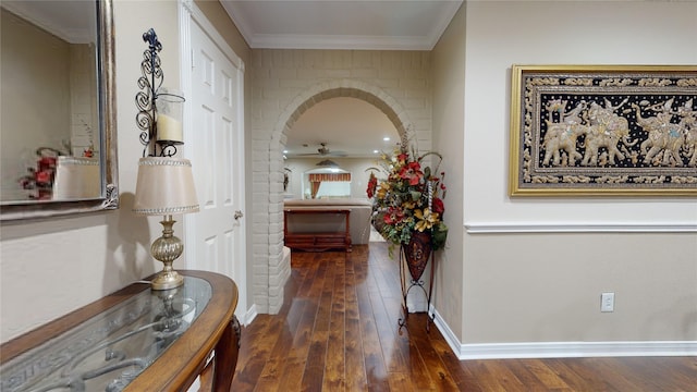 hallway with dark wood-type flooring and crown molding