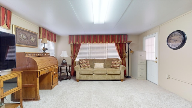 sitting room featuring a wealth of natural light and light carpet