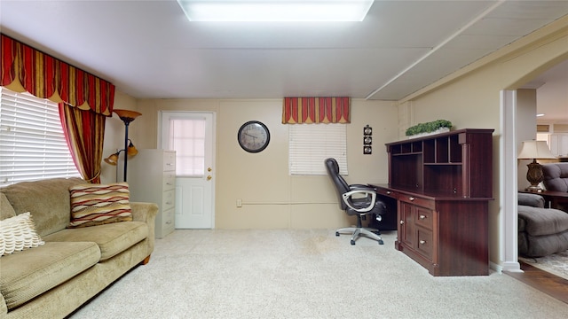 view of carpeted home office