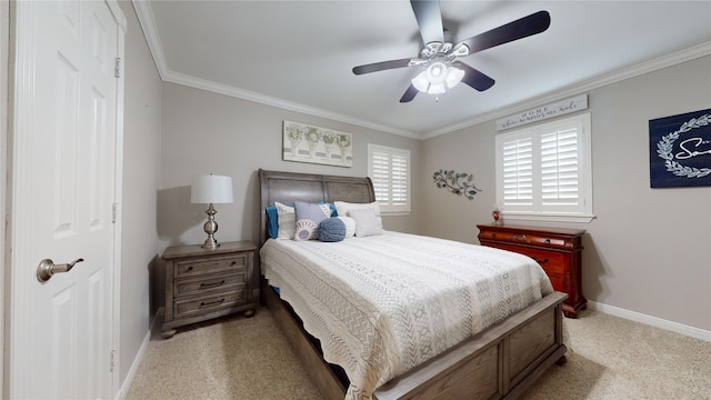 bedroom with ornamental molding, light colored carpet, and ceiling fan