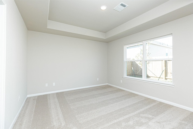 carpeted empty room with a raised ceiling