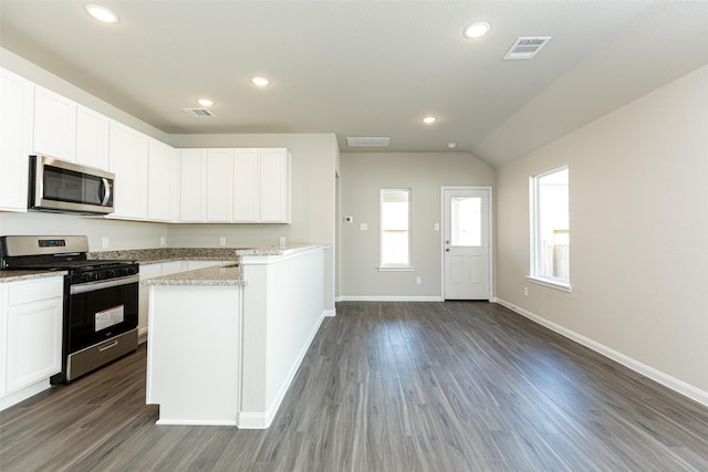 kitchen featuring lofted ceiling, dark hardwood / wood-style flooring, white cabinetry, and appliances with stainless steel finishes