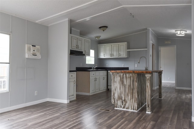 kitchen with hardwood / wood-style floors, a textured ceiling, a center island, and vaulted ceiling