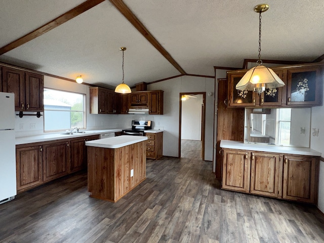 kitchen with pendant lighting, lofted ceiling with beams, dark hardwood / wood-style floors, and a center island