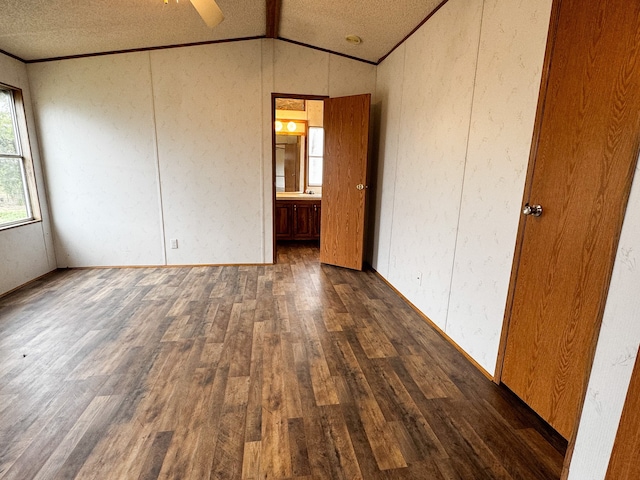 empty room featuring dark wood-type flooring, vaulted ceiling, ceiling fan, and a textured ceiling